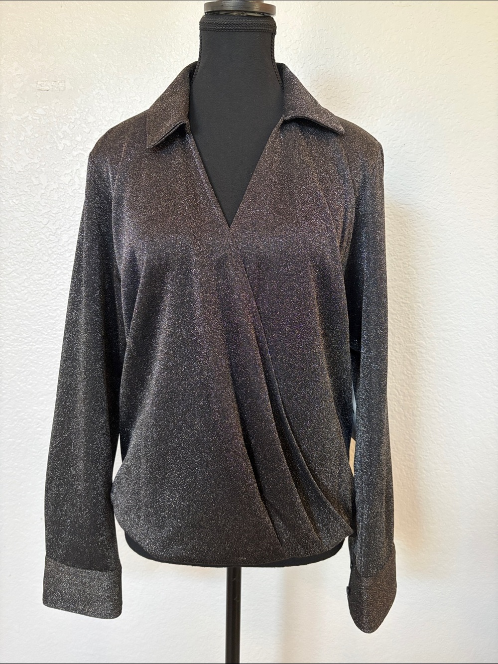 Calvin Klein - Dressy Metallic Black Wrap Front V-Neck Blouse Size L NWT